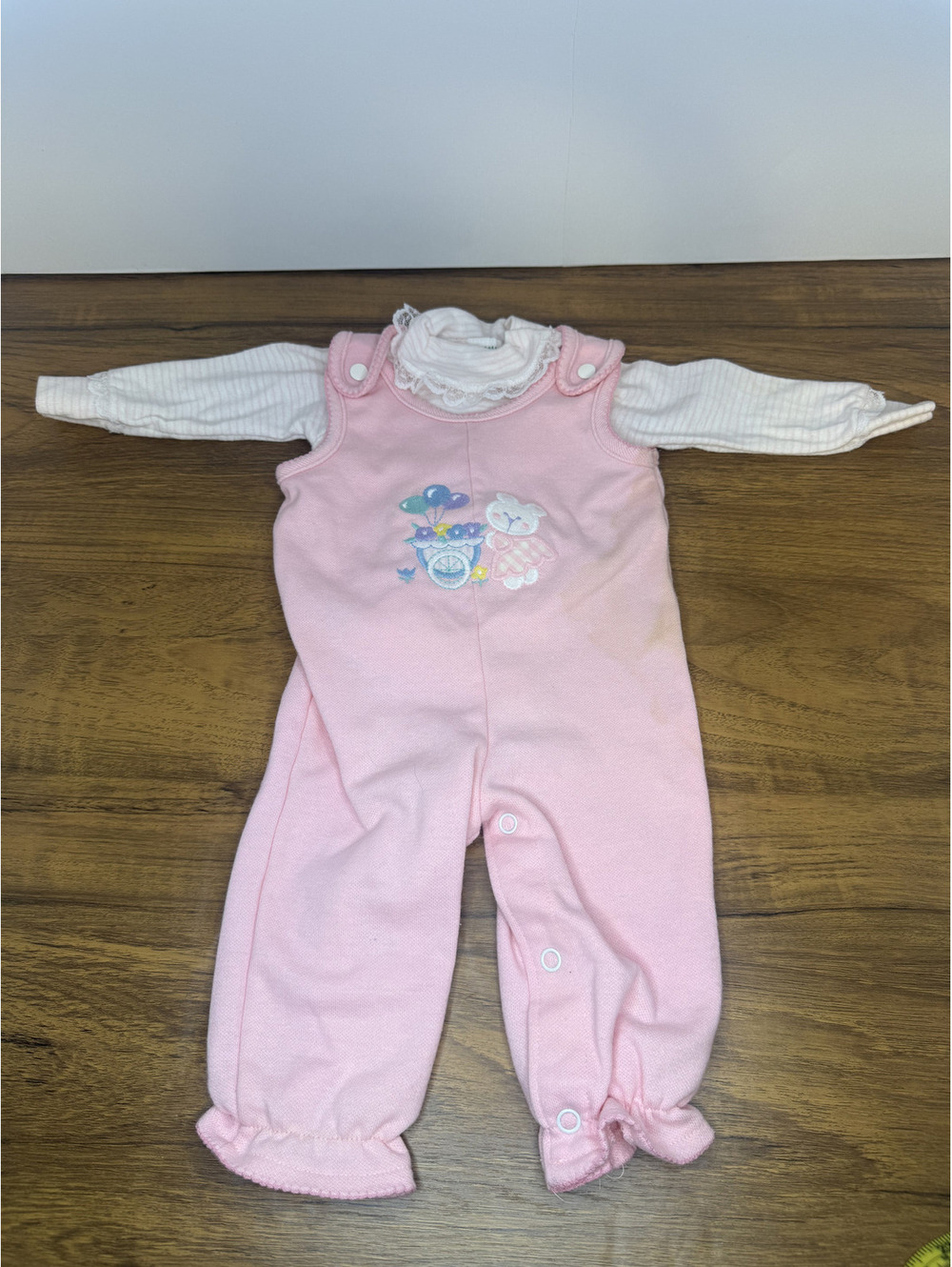 Vintage Health-tex Baby Girl Overall Set Pink Bear Overalls & Lace Collar Shirt